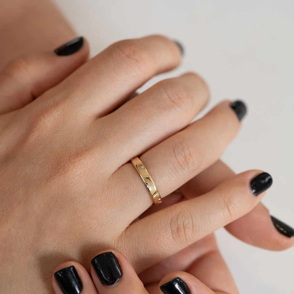 Engraved Diamond Ring - Wavy Wedding Band - Image 3