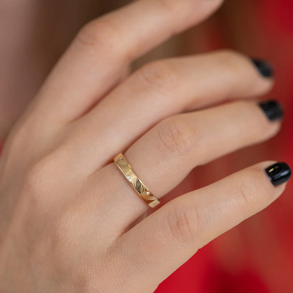 Engraved Diamond Ring - Wavy Wedding Band - Image 4