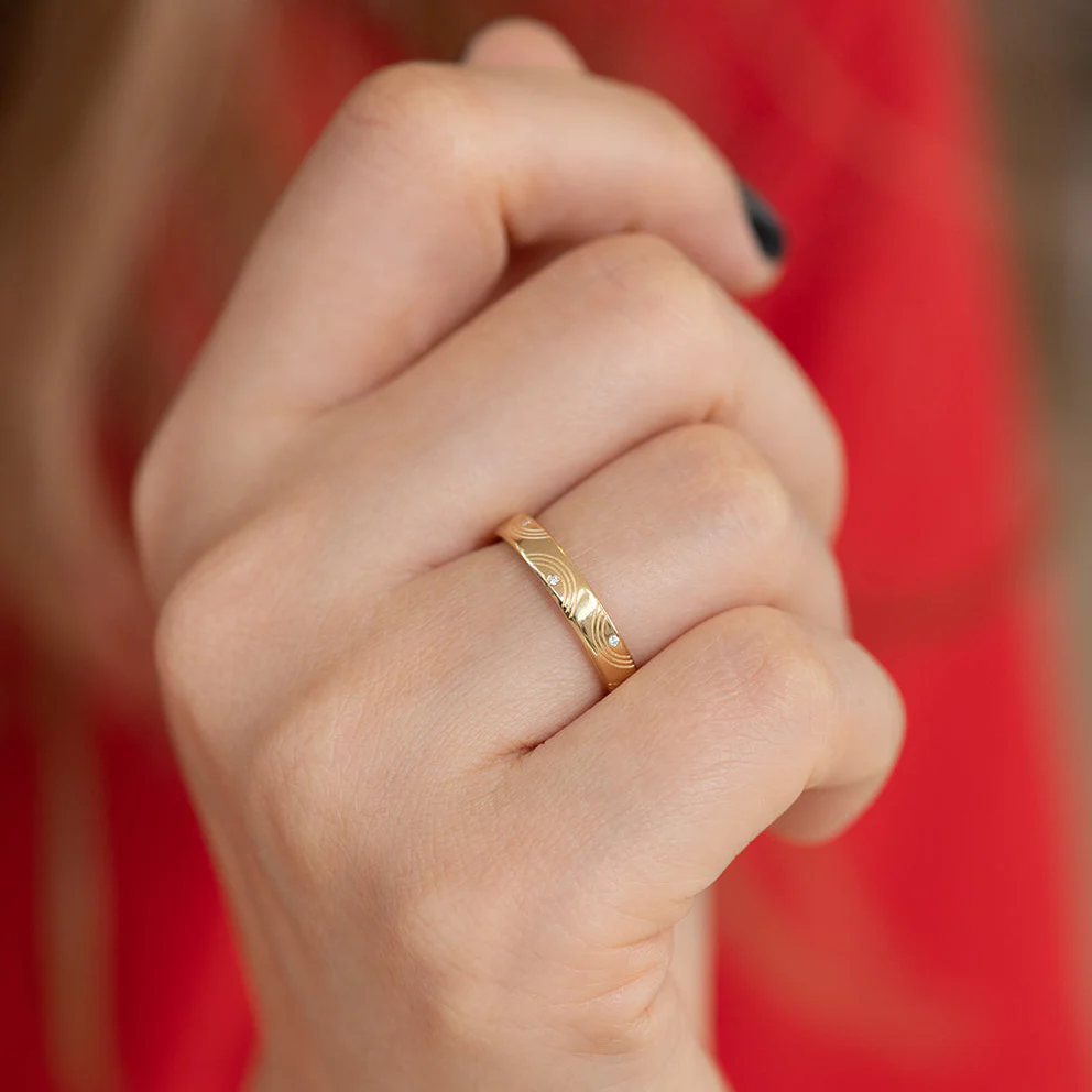 Engraved Diamond Ring - Wavy Wedding Band - Image 5