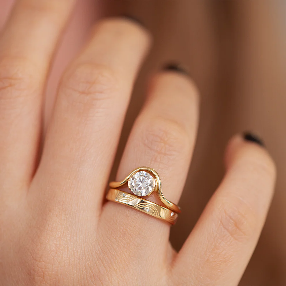Engraved Diamond Ring - Wavy Wedding Band - Image 6