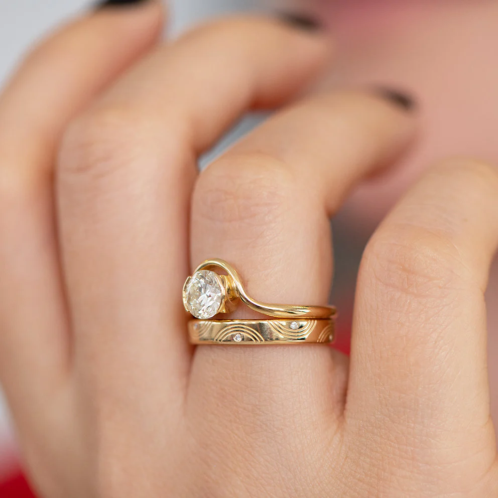Engraved Diamond Ring - Wavy Wedding Band - Image 7