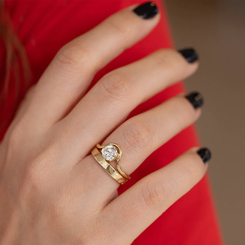 Engraved Diamond Ring - Wavy Wedding Band - Image 8