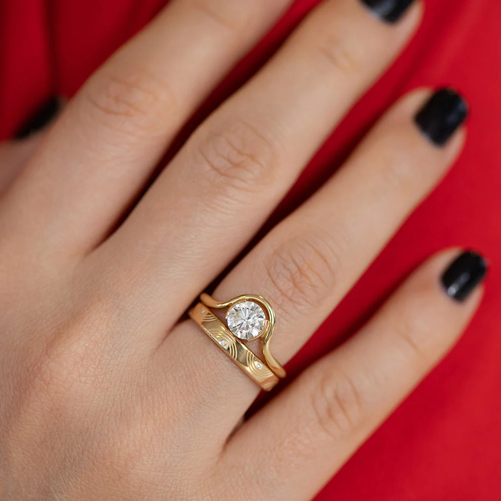 Engraved Diamond Ring - Wavy Wedding Band - Image 9