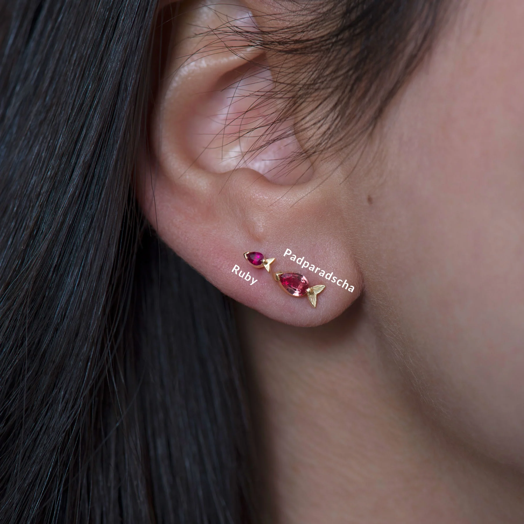 Fish Stud Earrings in Ruby or Padparadscha Sapphire - Image 13