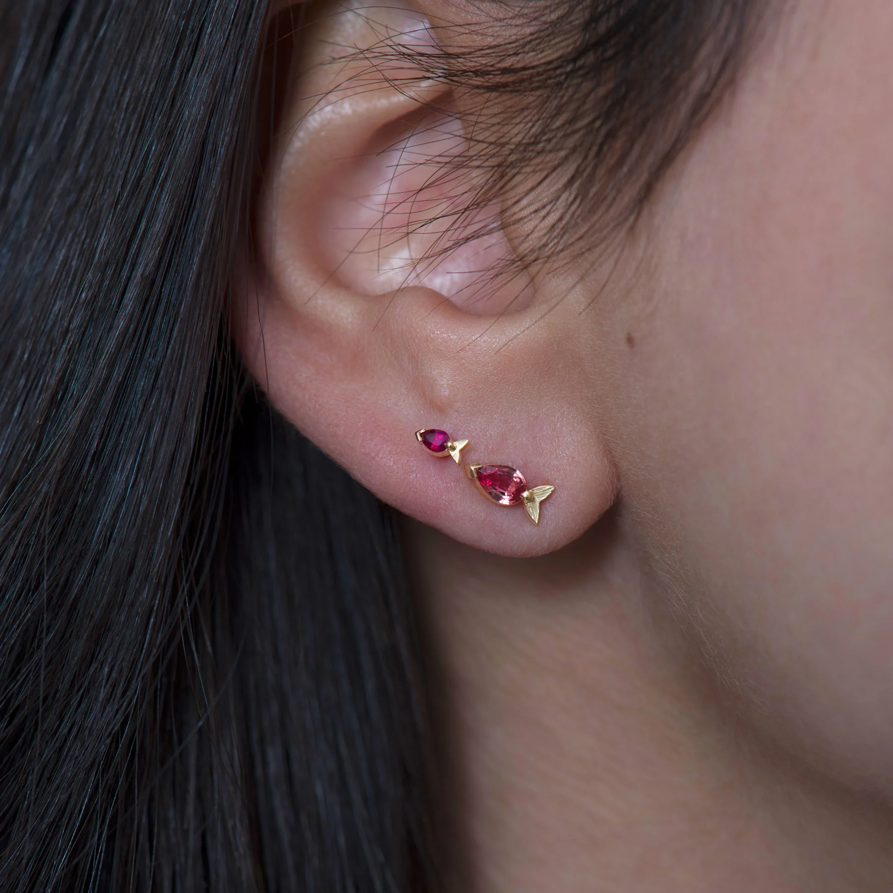Fish Stud Earrings in Ruby or Padparadscha Sapphire - Image 4