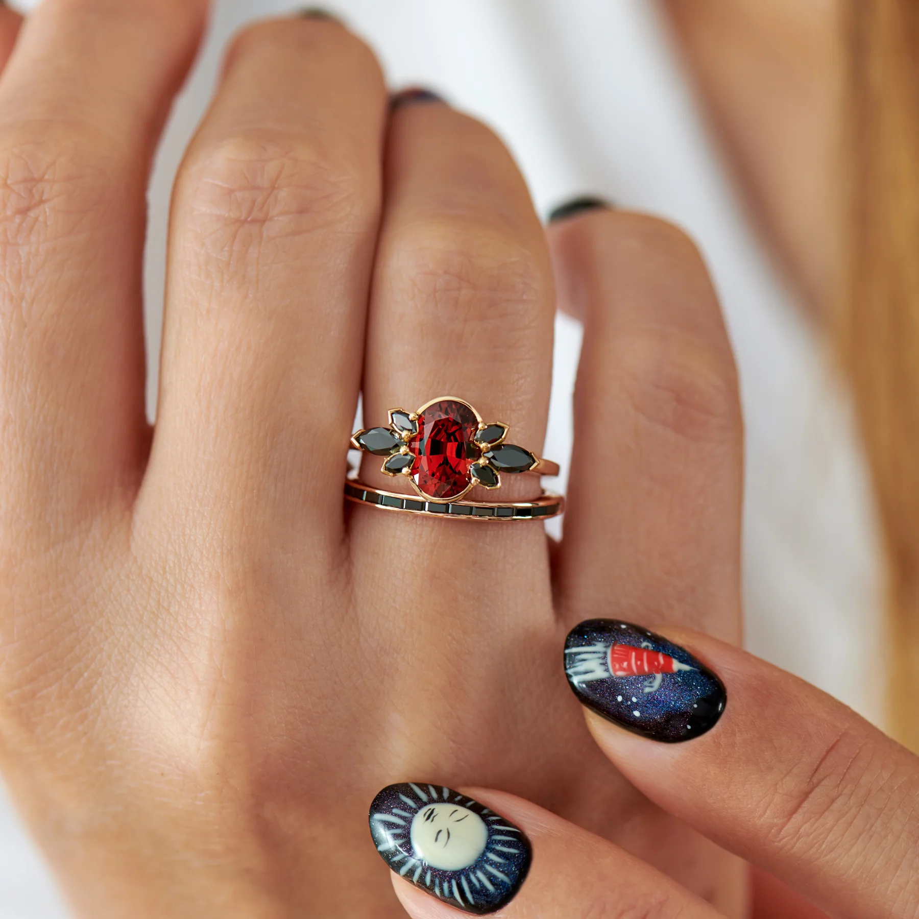 Flowers of Evil Red Garnet & Black Diamond Engagement Ring - Image 5