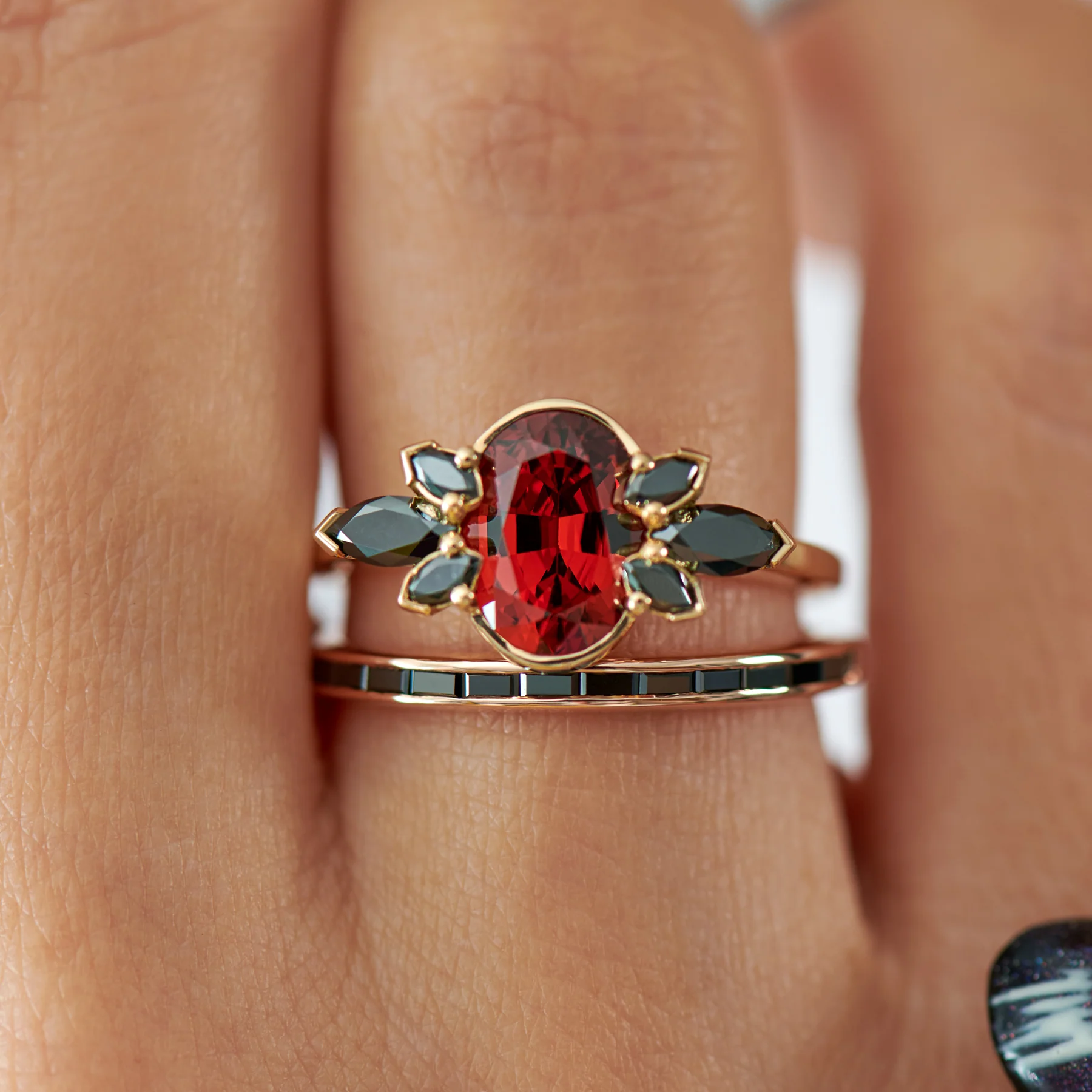 Flowers of Evil Red Garnet & Black Diamond Engagement Ring - Image 6