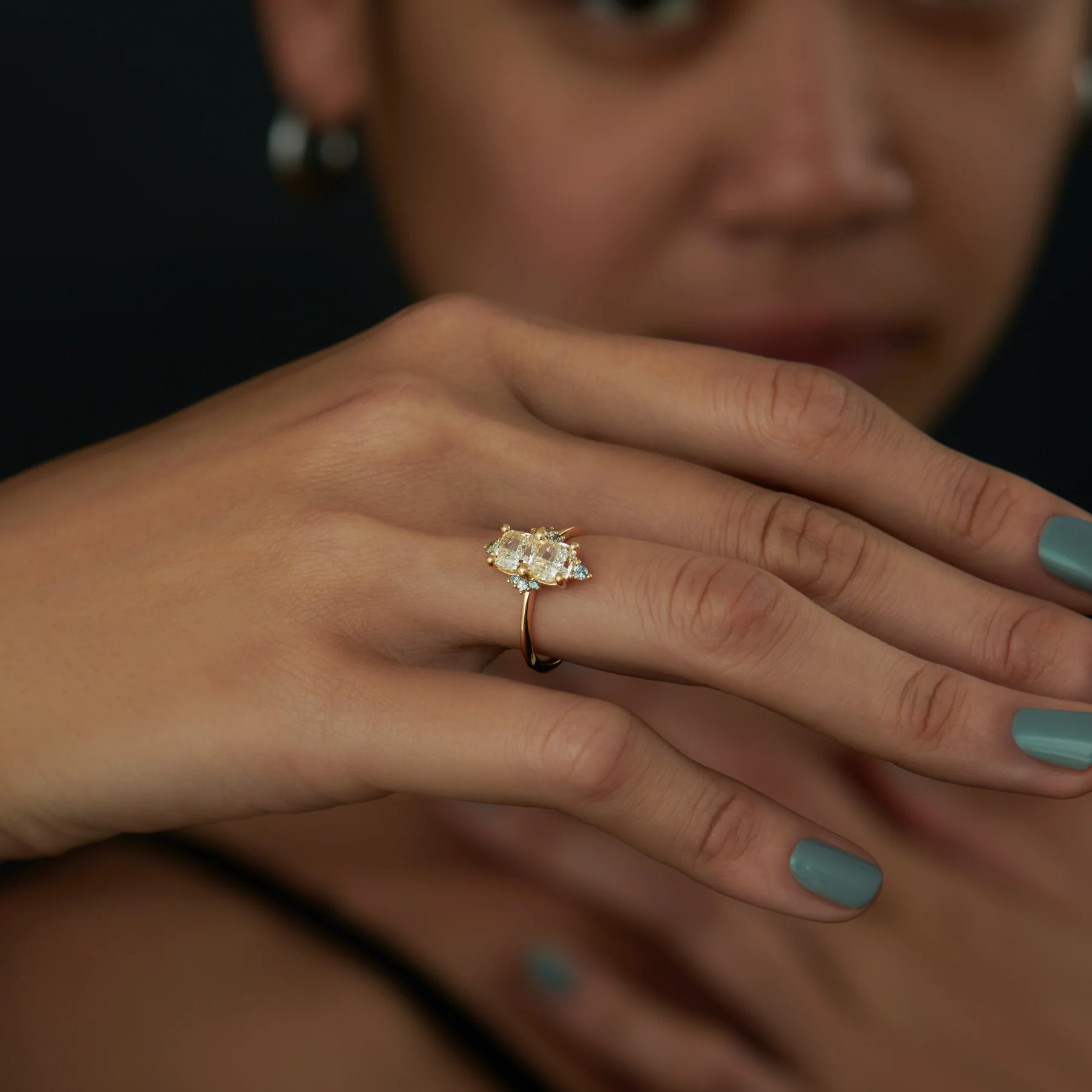 Gilded Mirror Cushion Cut Diamond & Teal Sapphire Engagement Ring - Image 7