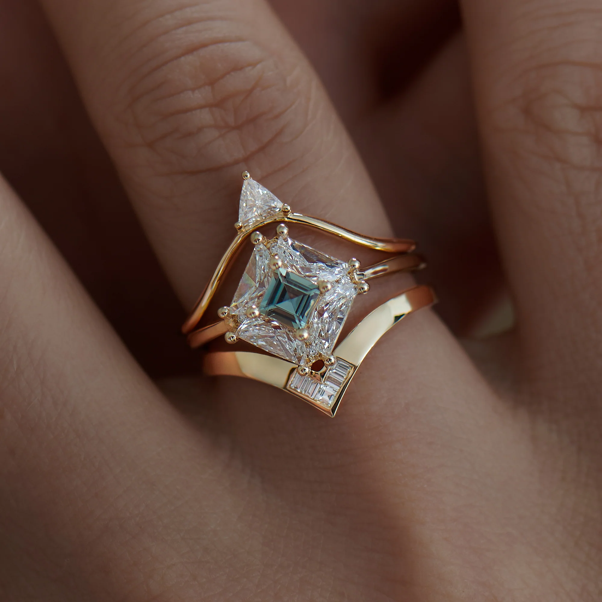 Gold Chevron Wedding Band with Baguette & Carre Diamonds - Image 3