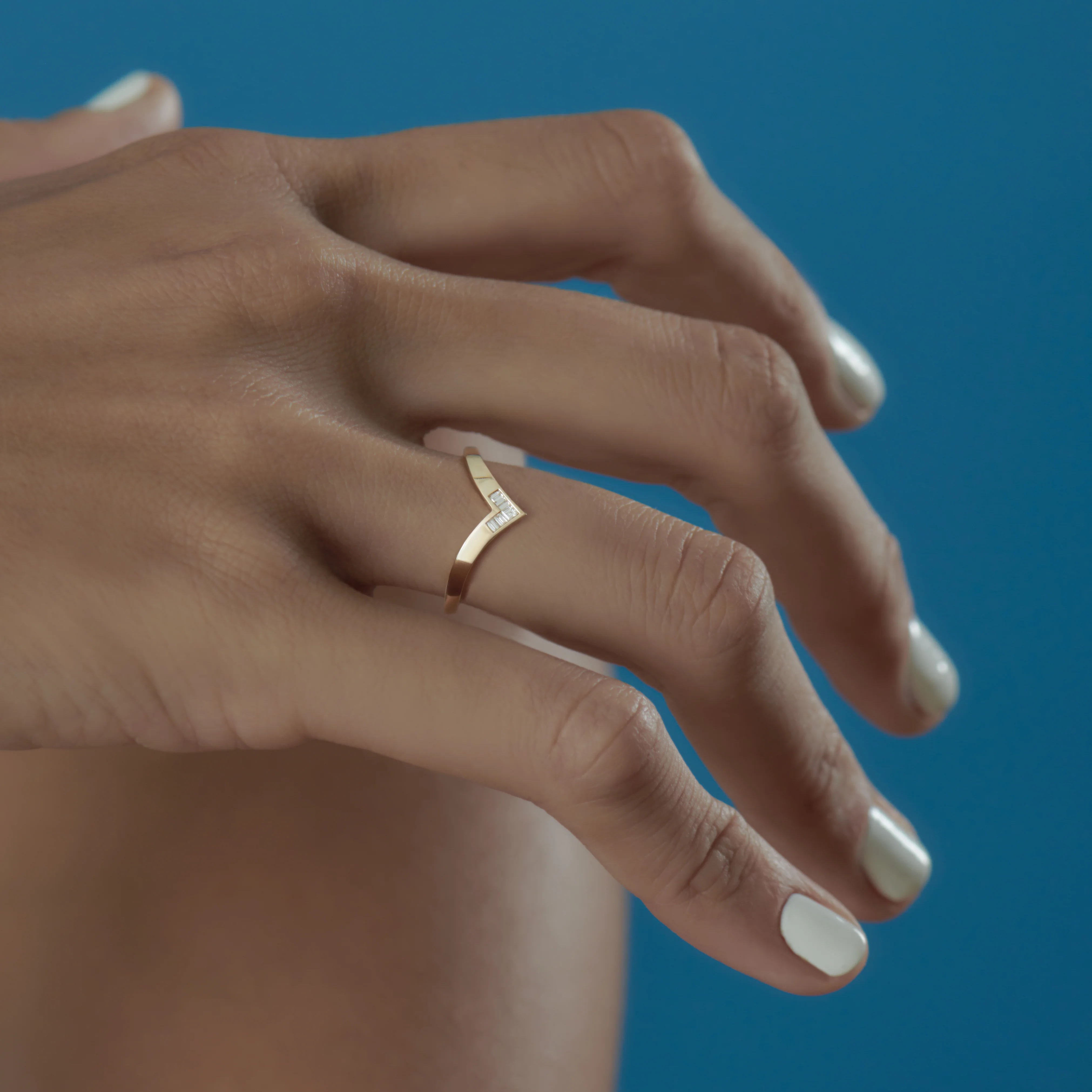 Gold Chevron Wedding Band with Baguette & Carre Diamonds - Image 4