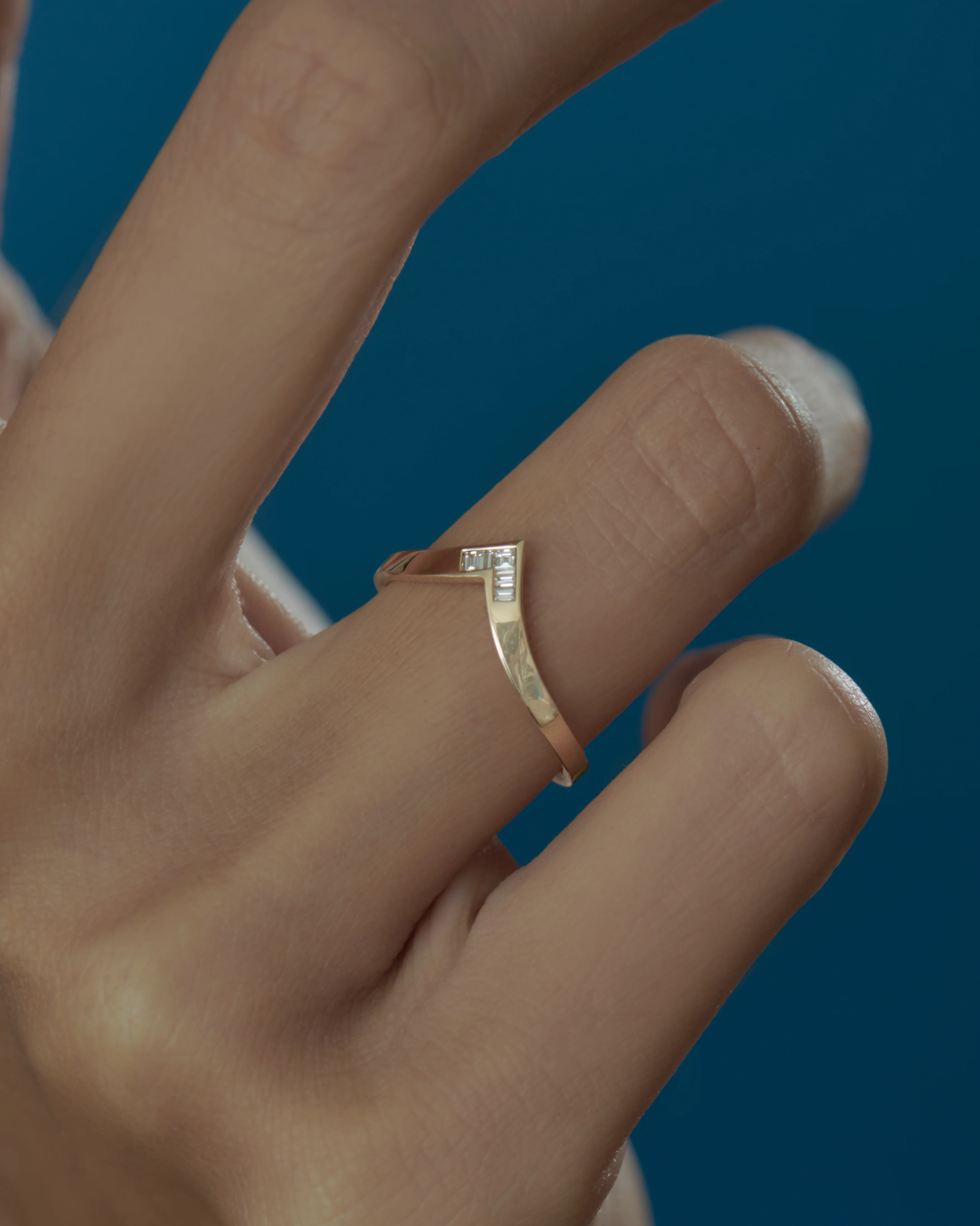 Gold Chevron Wedding Band with Baguette & Carre Diamonds - Image 5