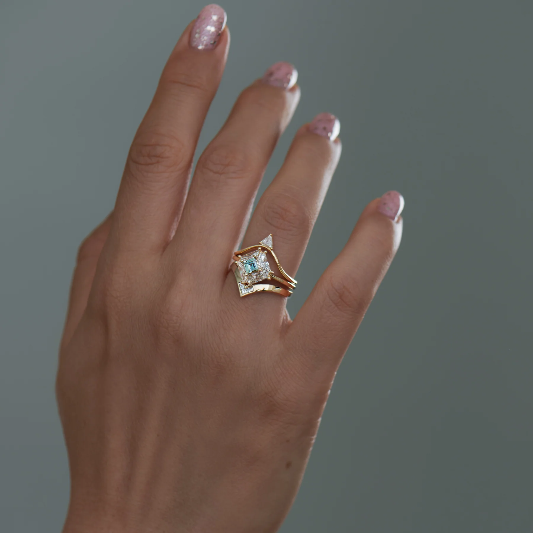 Gold Chevron Wedding Band with Baguette & Carre Diamonds - Image 6