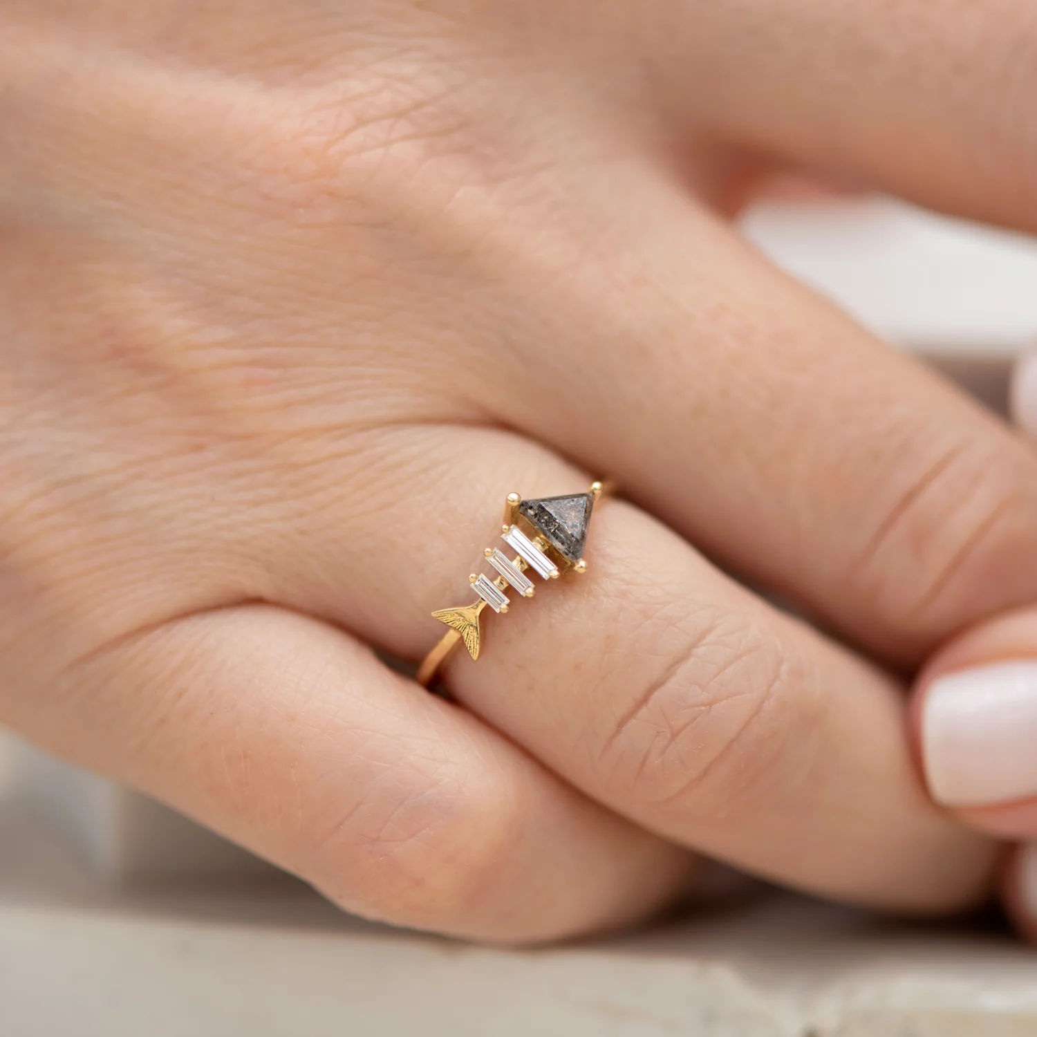 Gold Fish Bone Ring with Triangle and Baguette Cut Diamond - Image 4