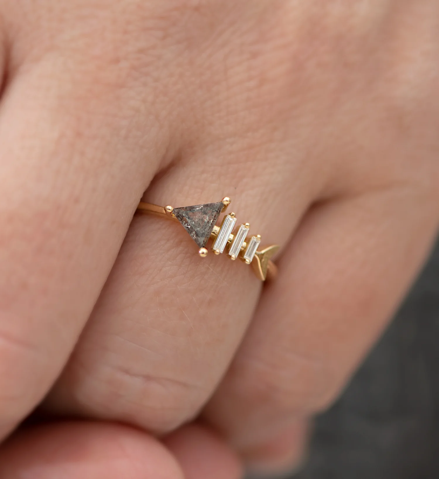 Gold Fish Bone Ring with Triangle and Baguette Cut Diamond - Image 5
