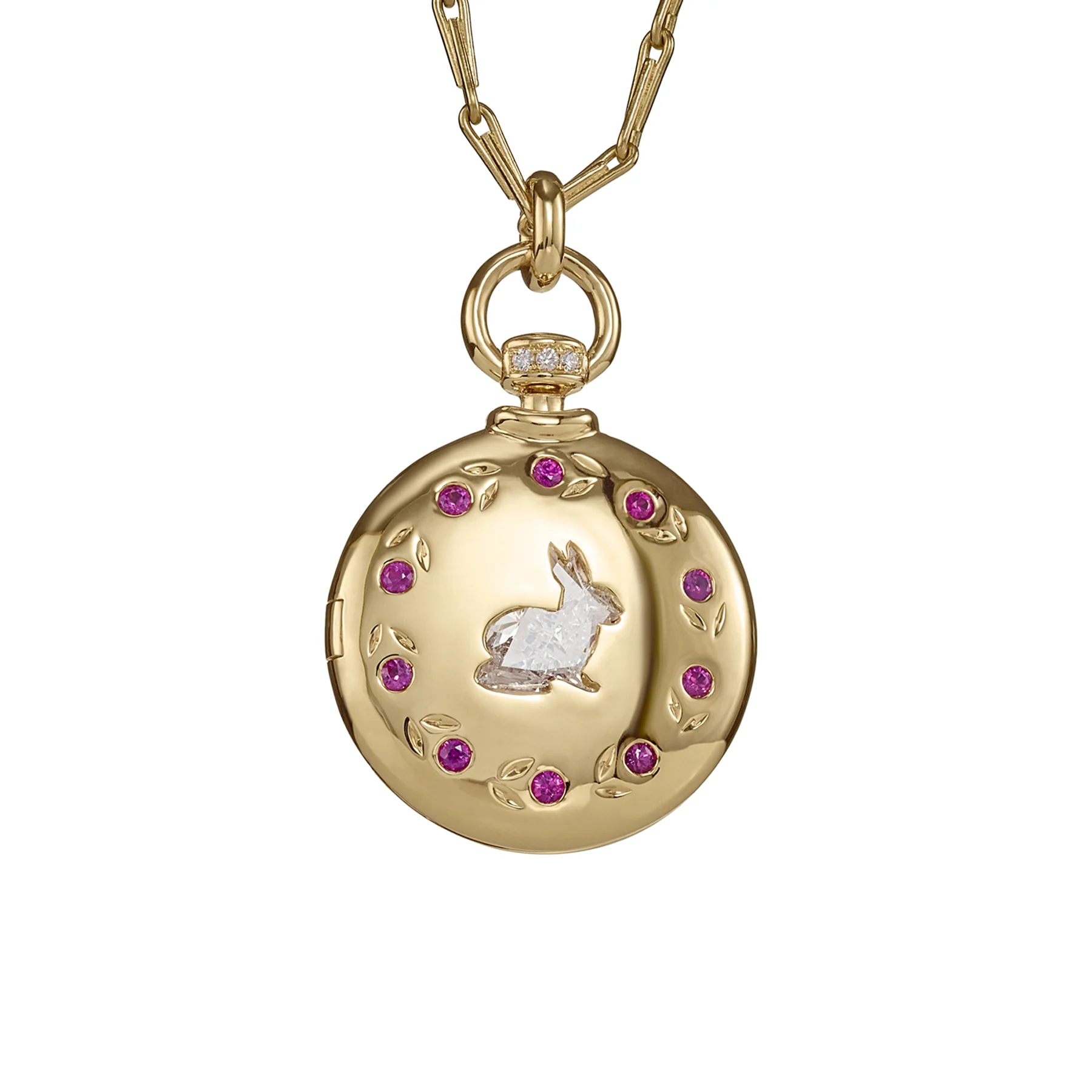Gold Locket Necklace with Rabbit Shaped Diamond & Pink Sapphire Florals
