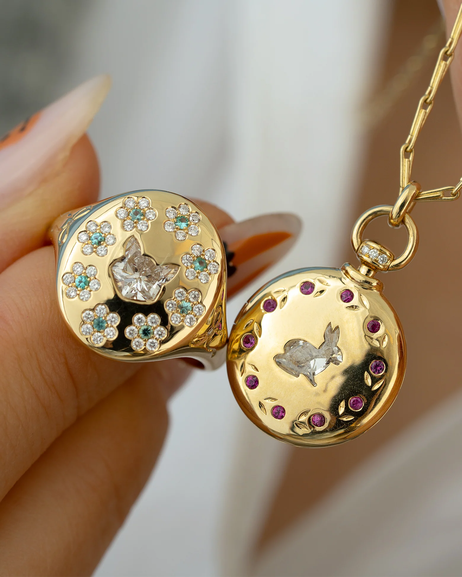 Gold Locket Necklace with Rabbit Shaped Diamond & Pink Sapphire Florals - Image 5