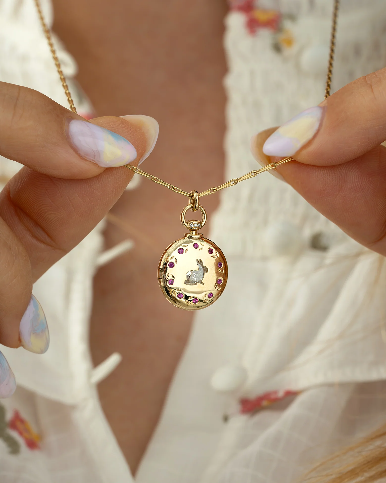 Gold Locket Necklace with Rabbit Shaped Diamond & Pink Sapphire Florals - Image 8