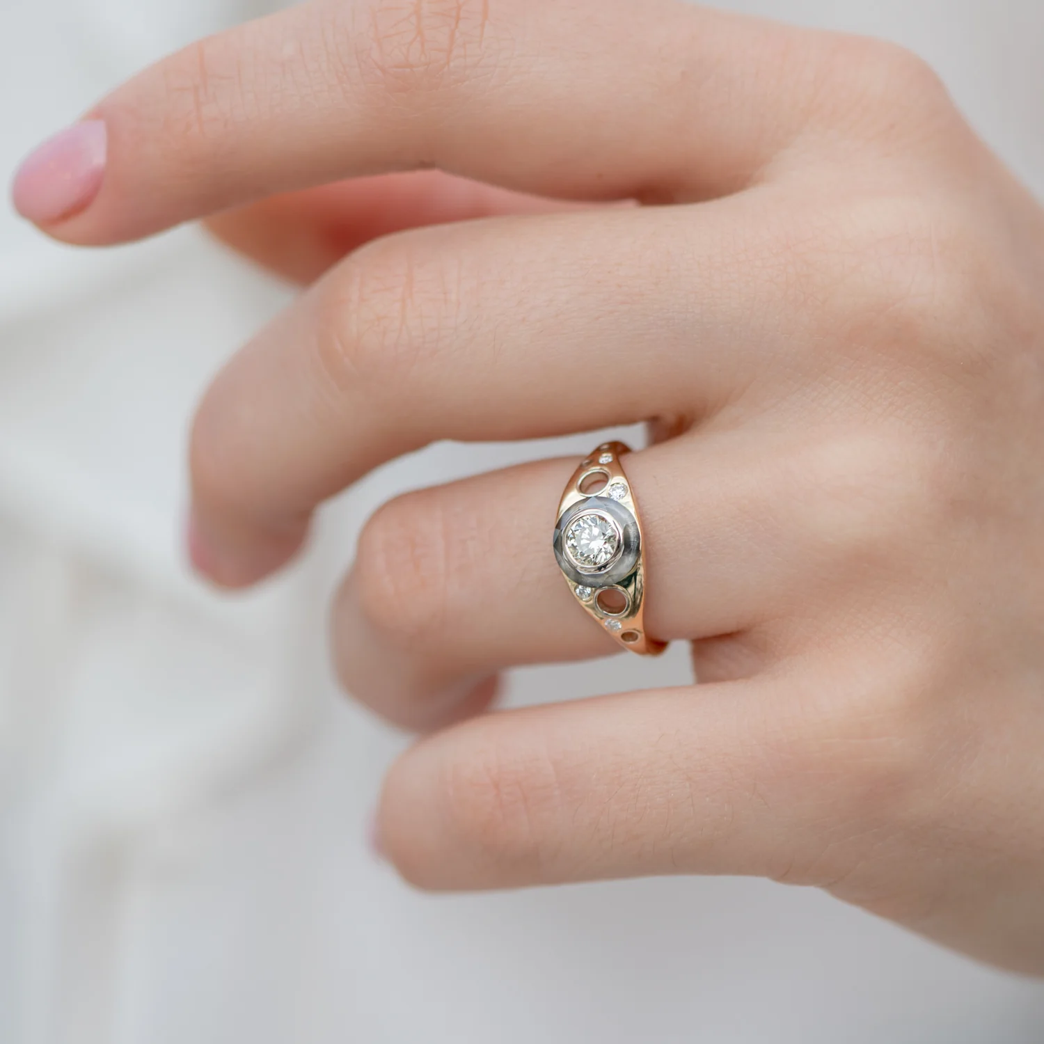 Golden Grommet Ring with a Fancy Green Diamond and Grey Diamond Sphere - Image 2