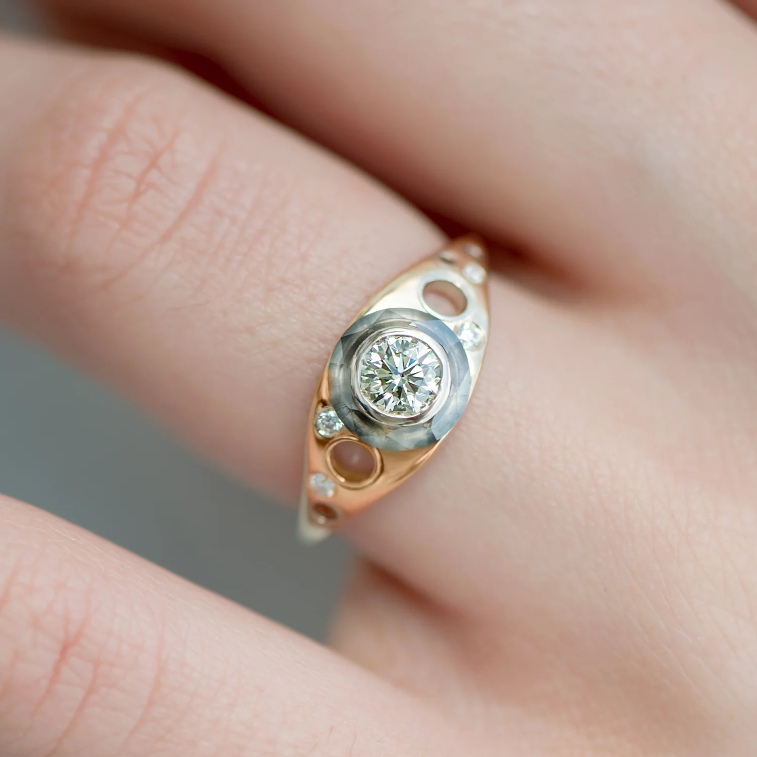 Golden Grommet Ring with a Fancy Green Diamond and Grey Diamond Sphere - Image 3