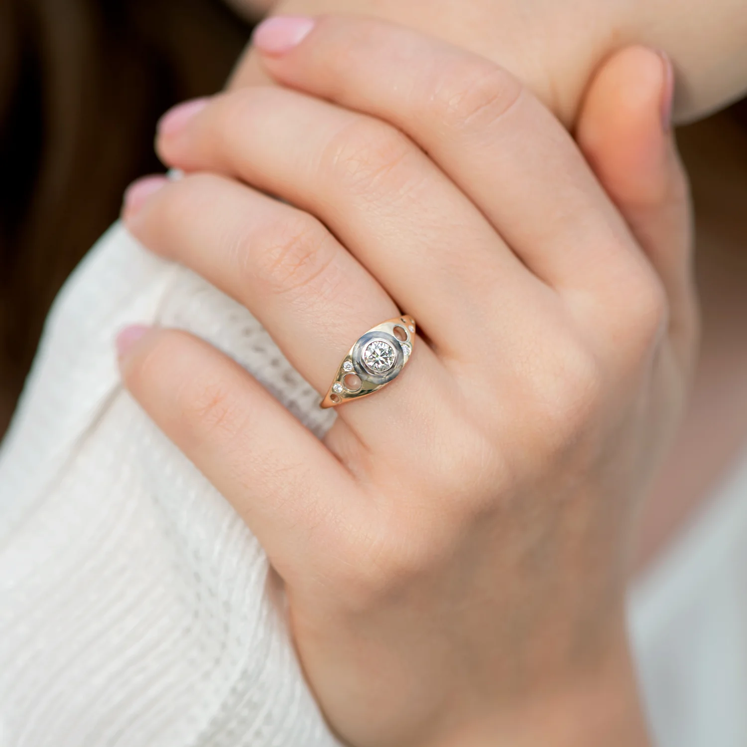 Golden Grommet Ring with a Fancy Green Diamond and Grey Diamond Sphere - Image 6