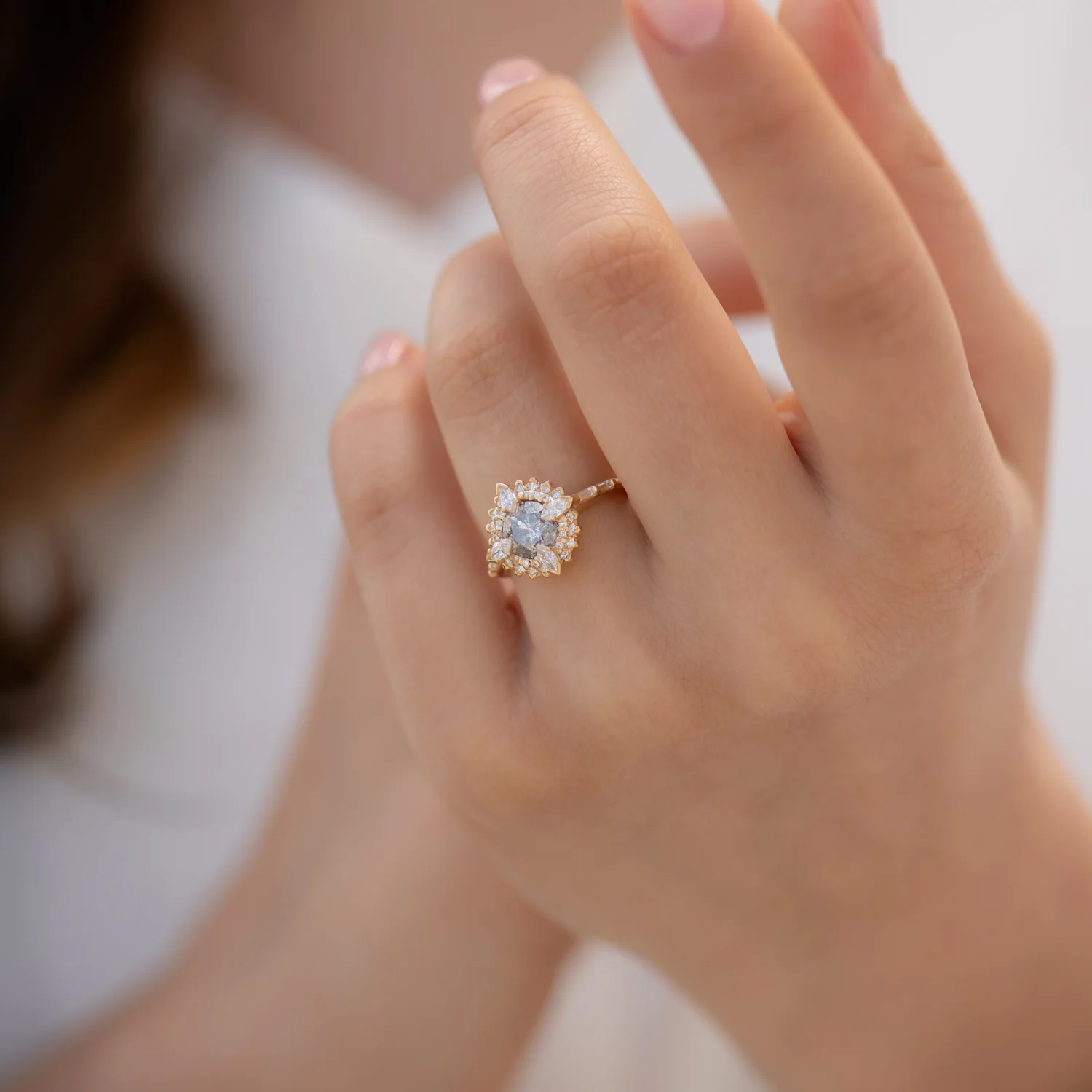 Golden Lotus Engagement ring with Grey and White Diamonds - Image 4