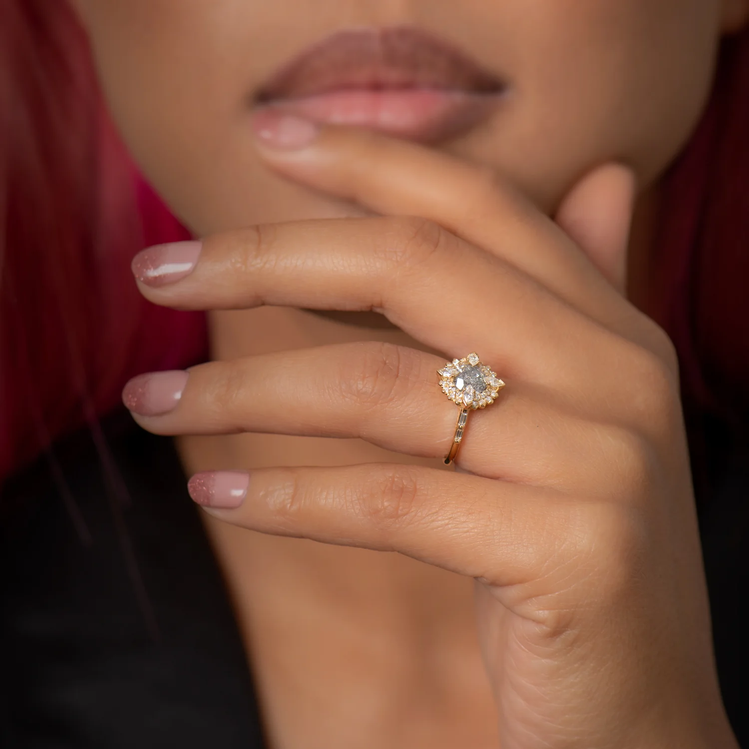 Golden Lotus Engagement ring with Grey and White Diamonds - Image 7