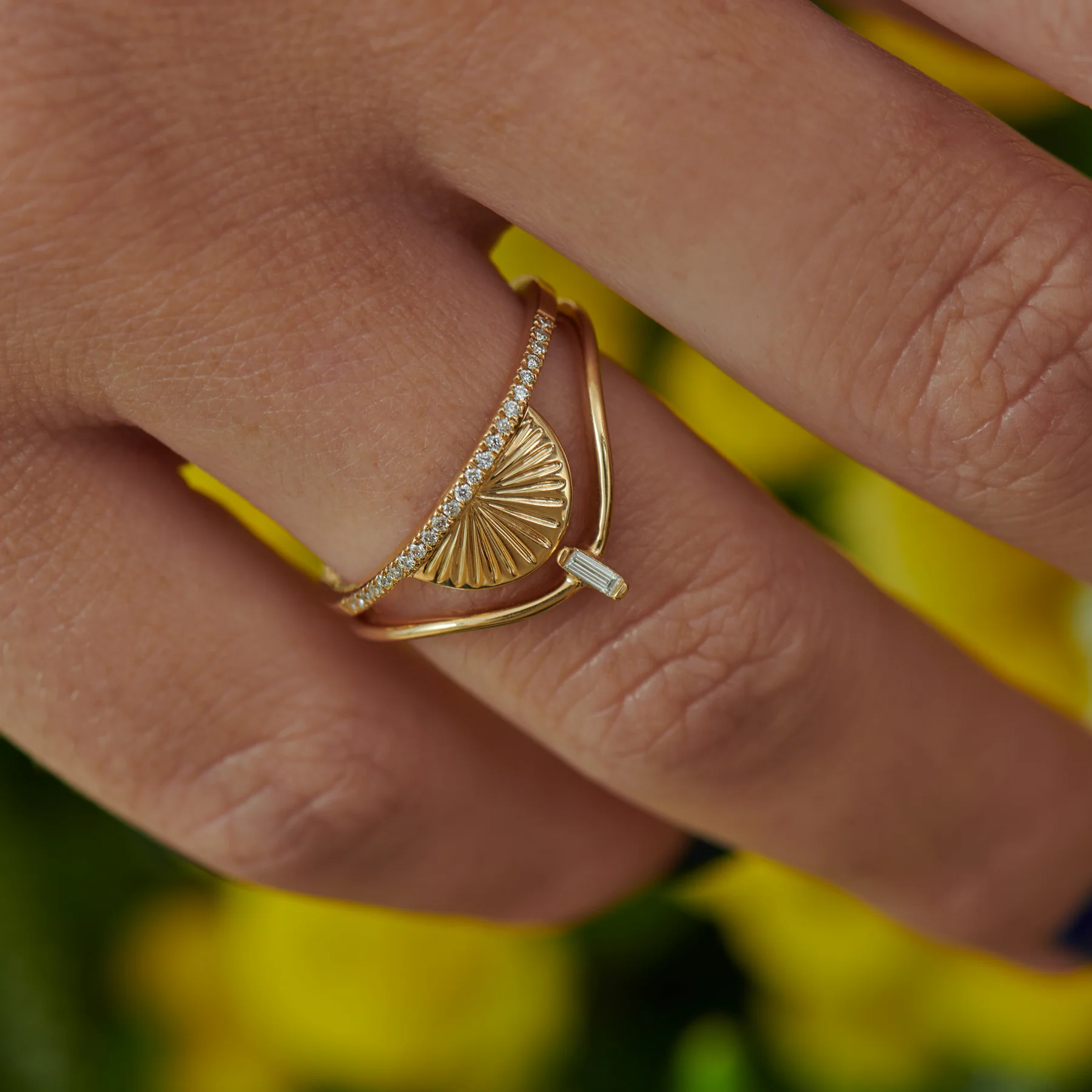 Golden Sundial Wedding Band with a Brilliant Diamond Pave - Image 7