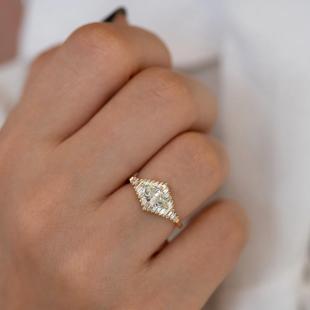Green Diamond Engagement Ring with Baguette Diamonds - Fancy Color Diamond Ring - Image 3