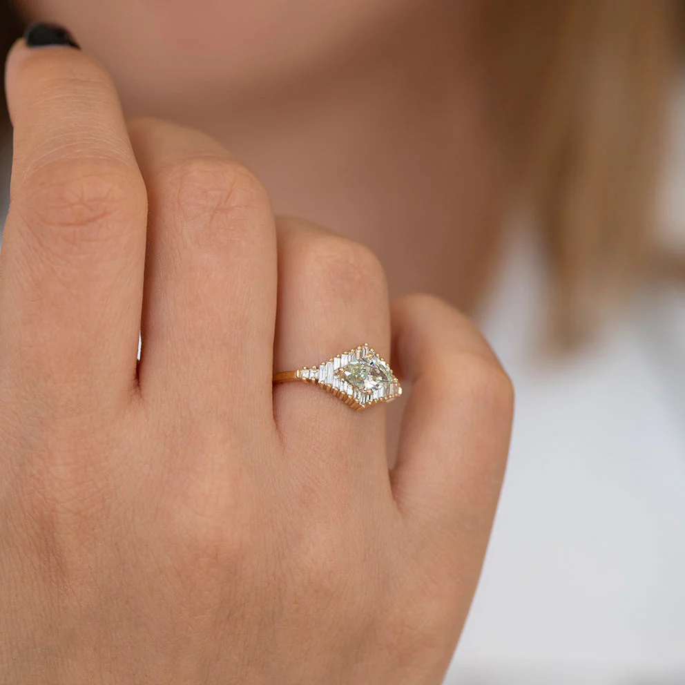 Green Diamond Engagement Ring with Baguette Diamonds - Fancy Color Diamond Ring - Image 4