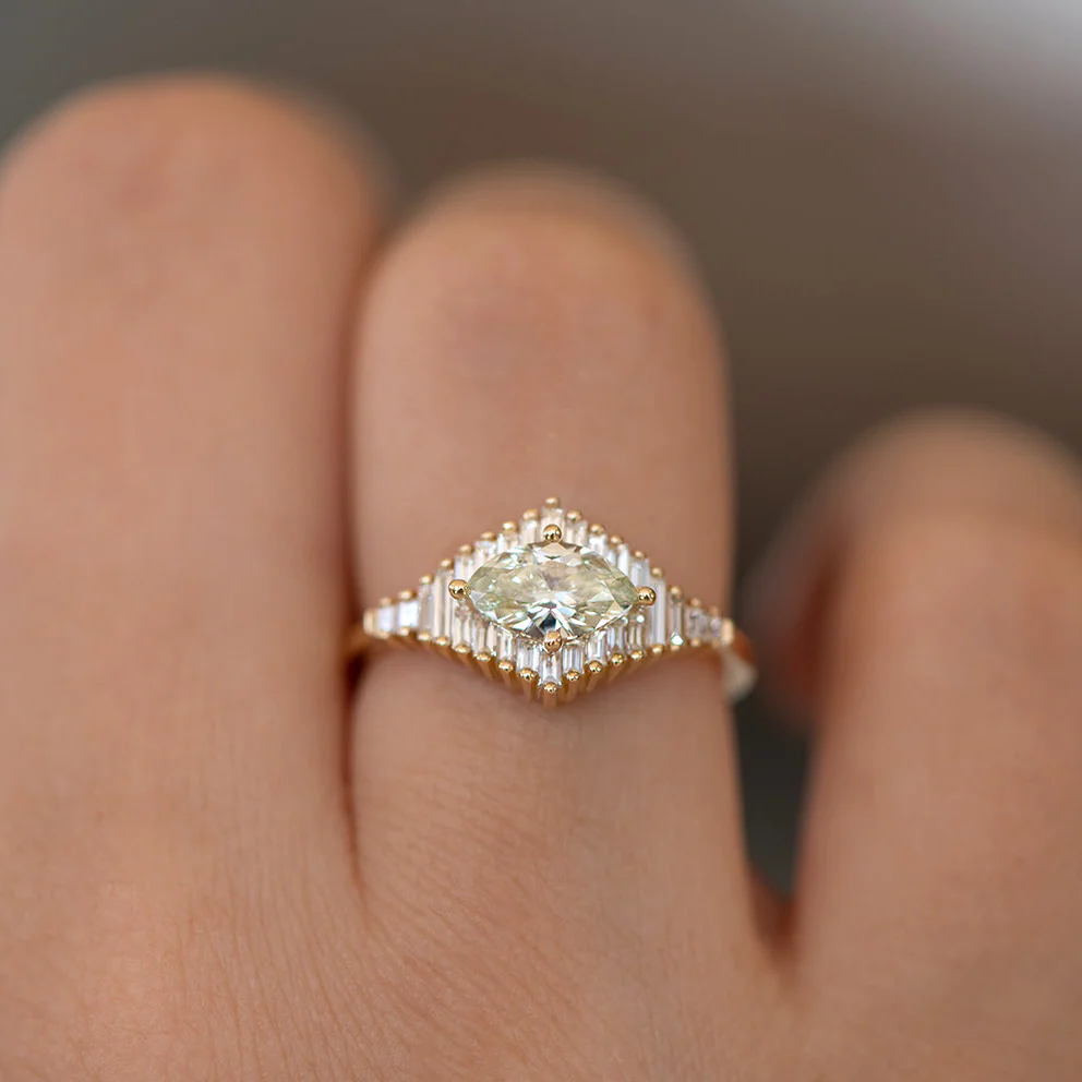 Green Diamond Engagement Ring with Baguette Diamonds - Fancy Color Diamond Ring - Image 5
