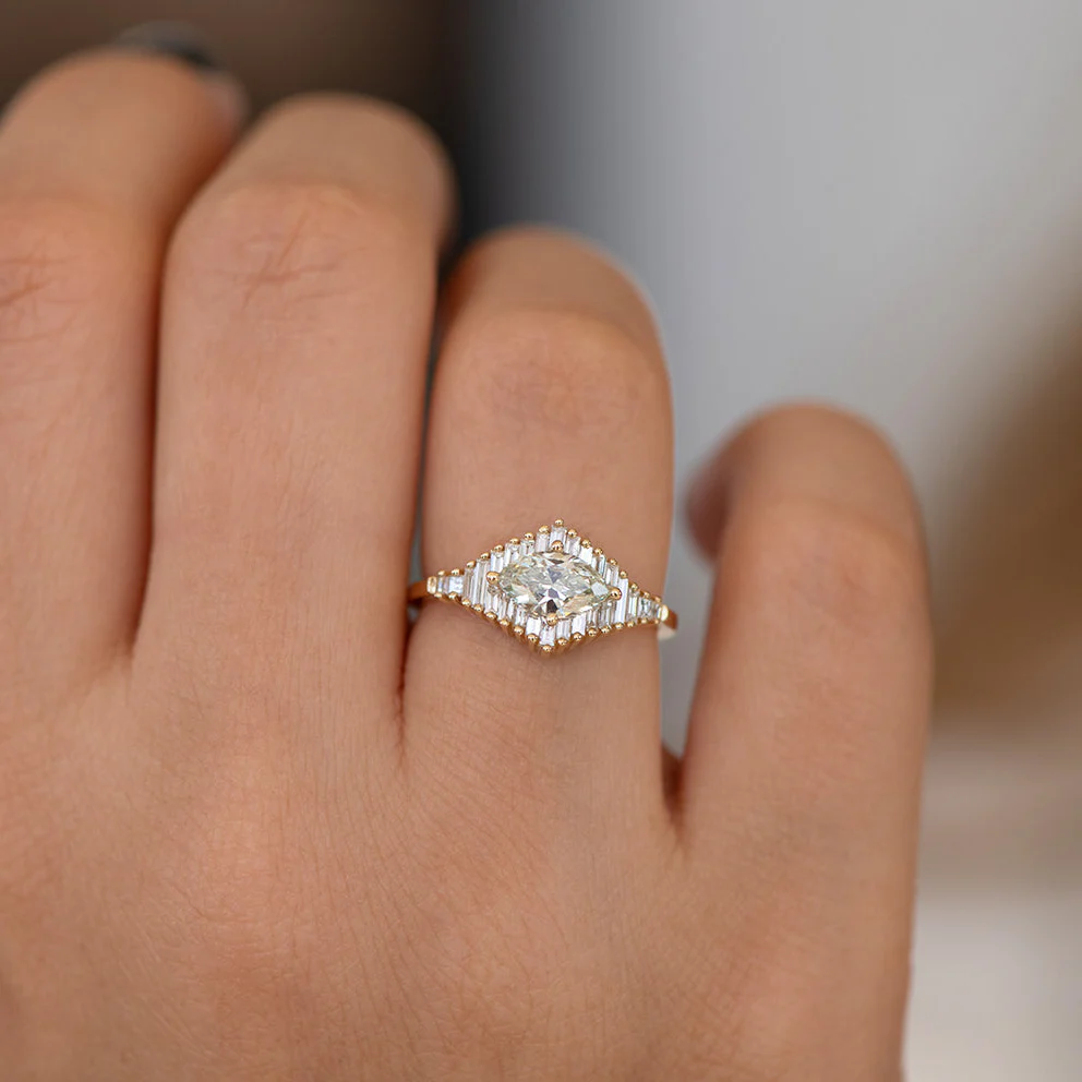 Green Diamond Engagement Ring with Baguette Diamonds - Fancy Color Diamond Ring - Image 6