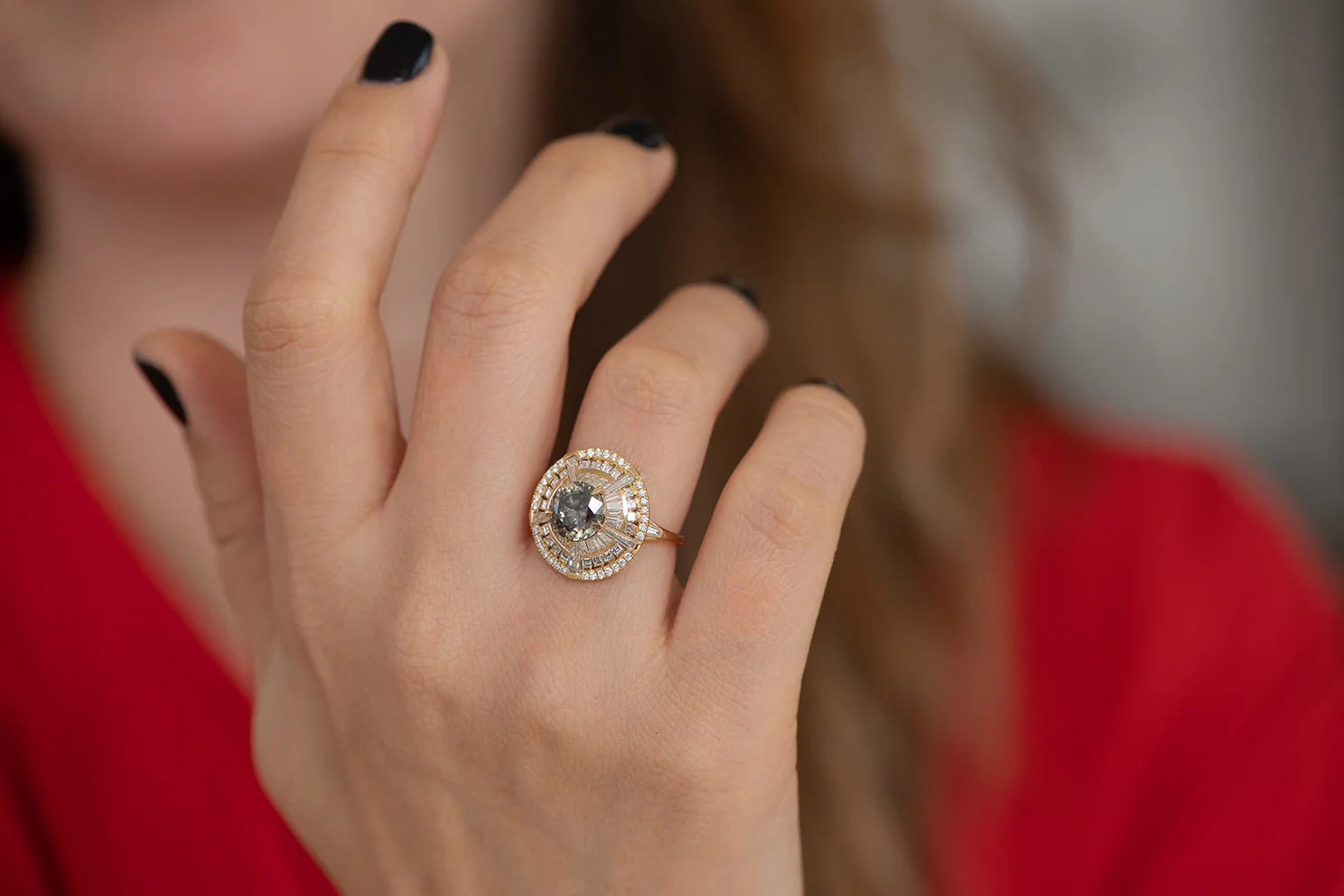 Grey Diamond Temple Ring with Long Tapered Baguette Diamonds - Image 4