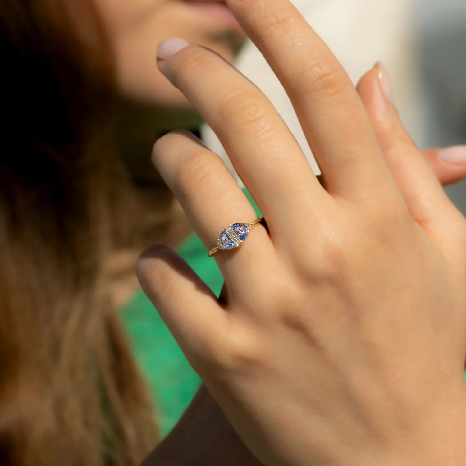 Half Moon Sapphire Engagement Ring with Baguette Cut Diamond - Image 6