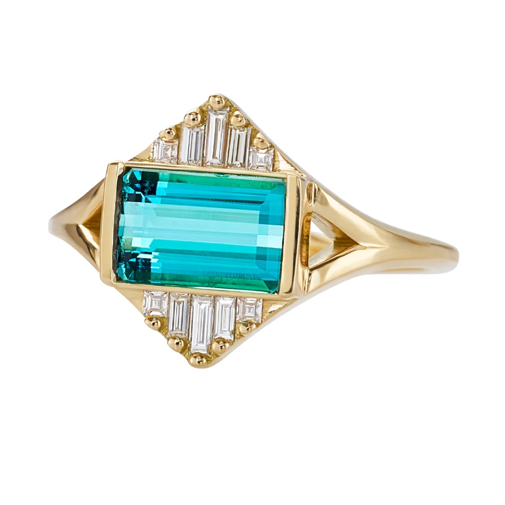 Indicolite Tourmaline Engagement Ring with Baguette Diamond Pyramids - OOAK - Image 2