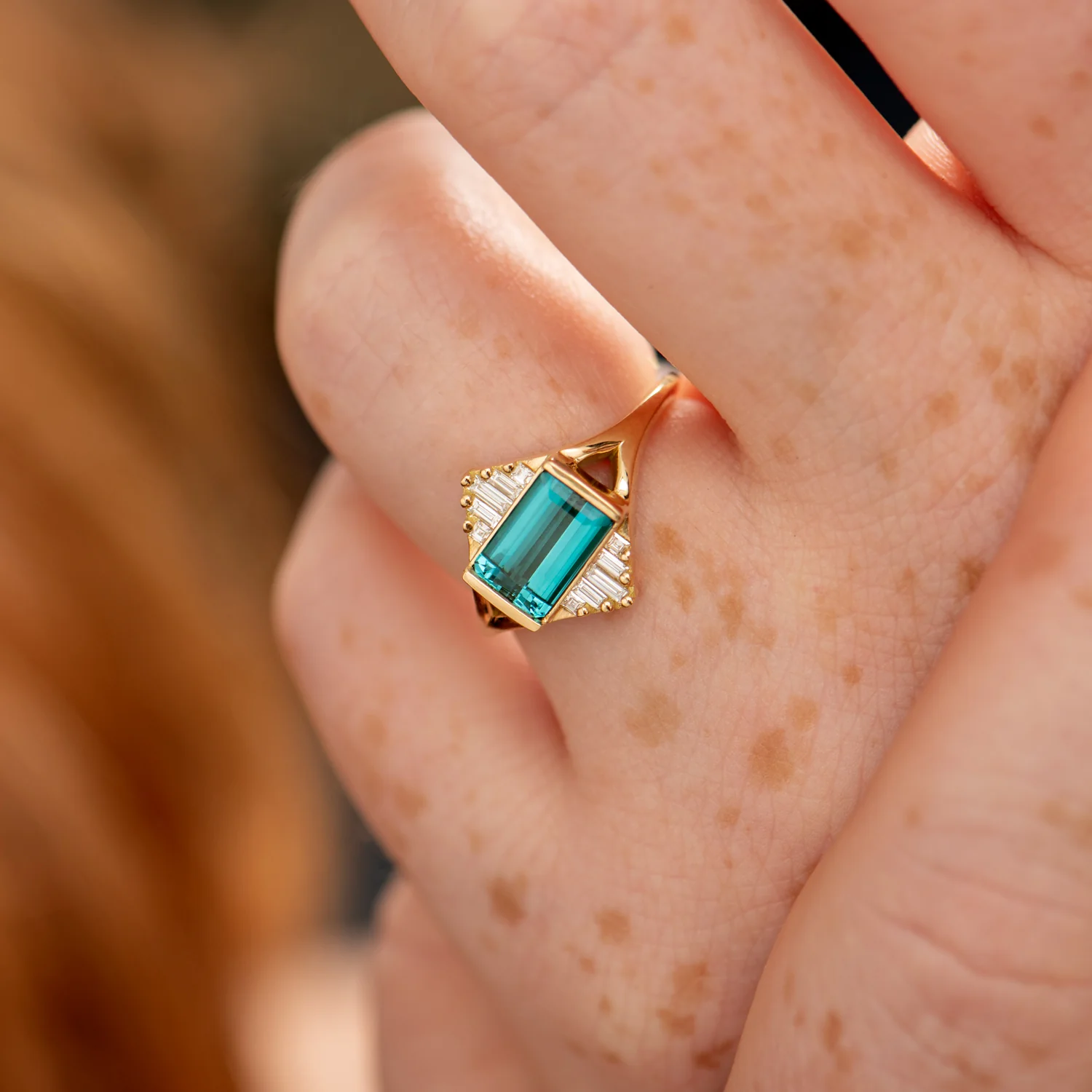 Indicolite Tourmaline Engagement Ring with Baguette Diamond Pyramids - OOAK - Image 3