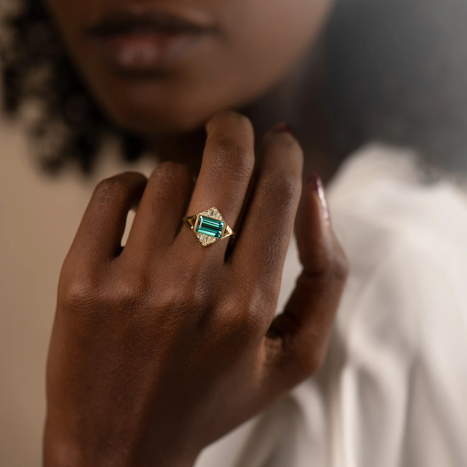 Indicolite Tourmaline Engagement Ring with Baguette Diamond Pyramids - OOAK - Image 4
