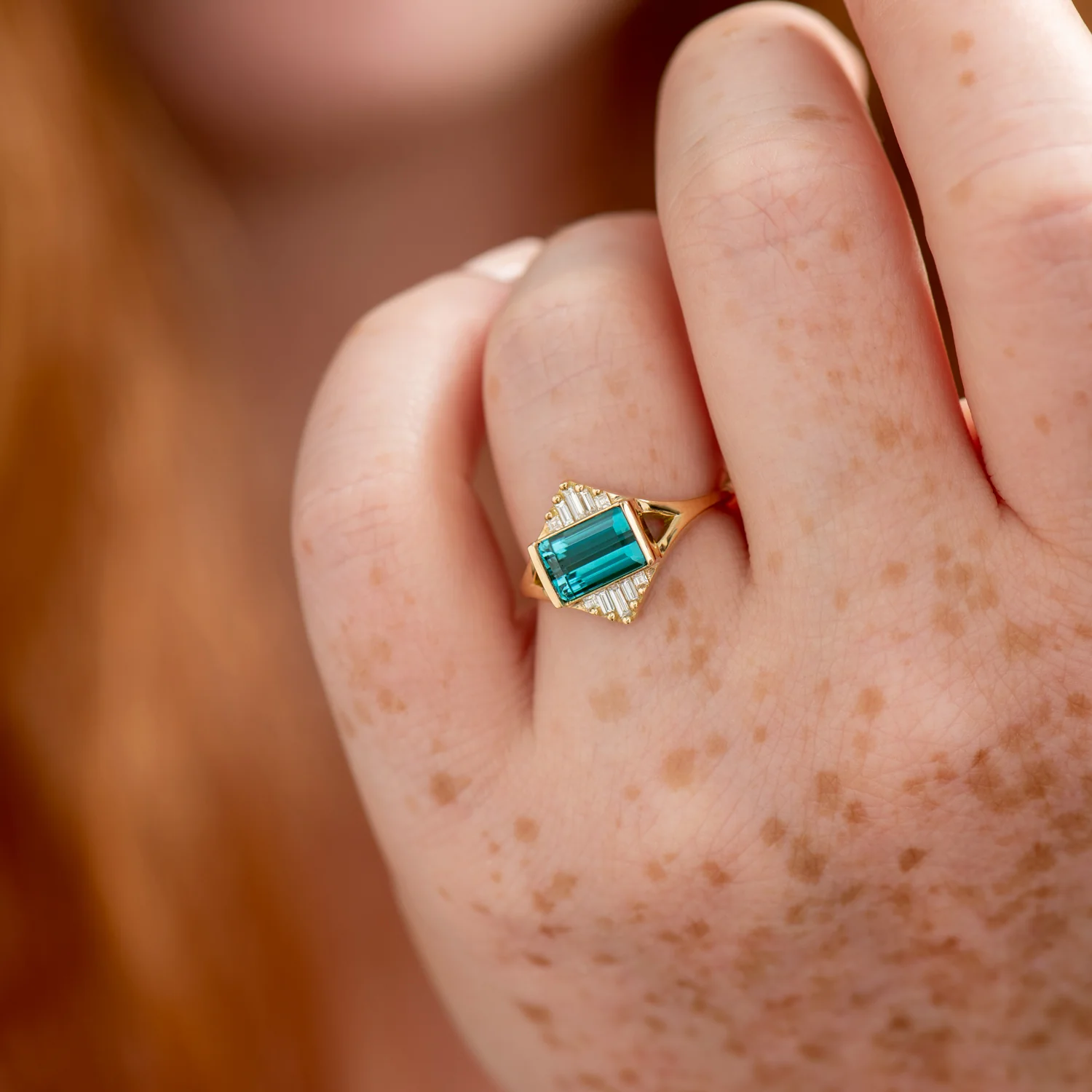Indicolite Tourmaline Engagement Ring with Baguette Diamond Pyramids - OOAK - Image 5