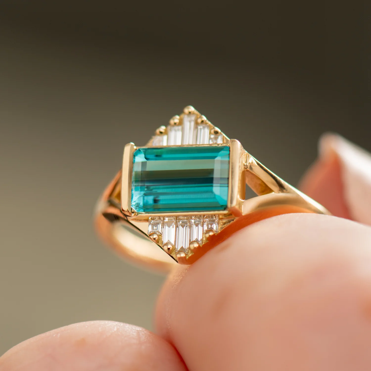 Indicolite Tourmaline Engagement Ring with Baguette Diamond Pyramids - OOAK - Image 6