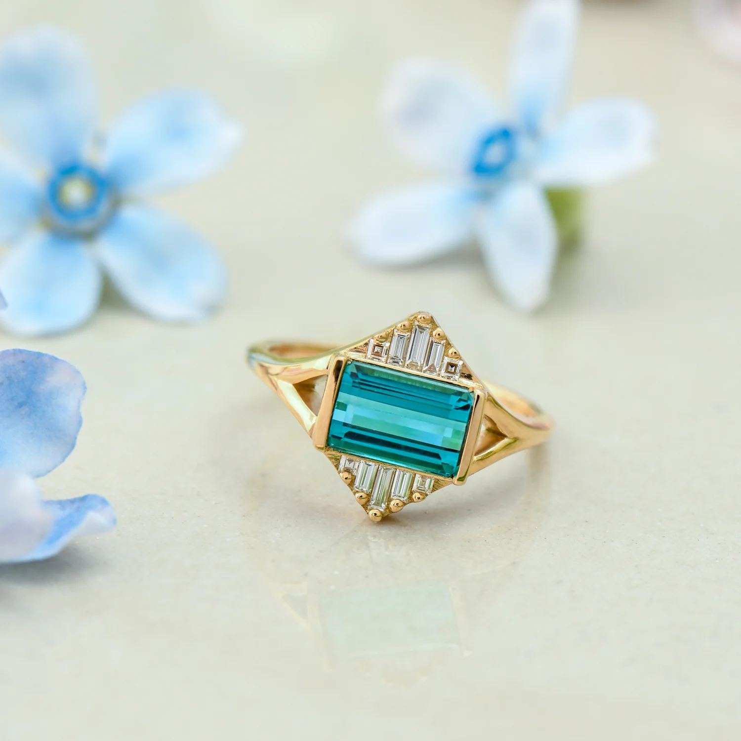Indicolite Tourmaline Engagement Ring with Baguette Diamond Pyramids - OOAK - Image 7