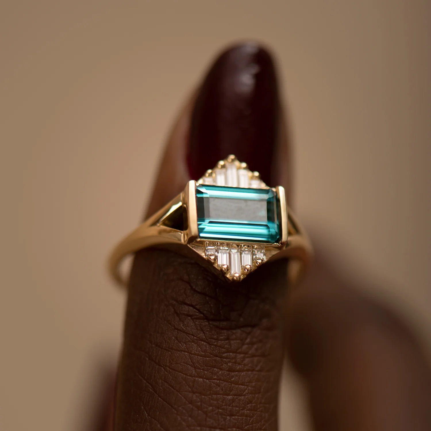 Indicolite Tourmaline Engagement Ring with Baguette Diamond Pyramids - OOAK - Image 8