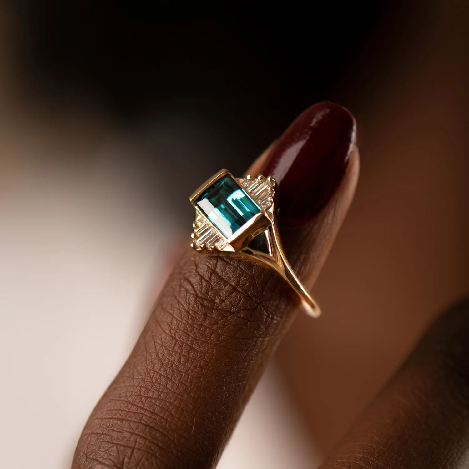 Indicolite Tourmaline Engagement Ring with Baguette Diamond Pyramids - OOAK - Image 9