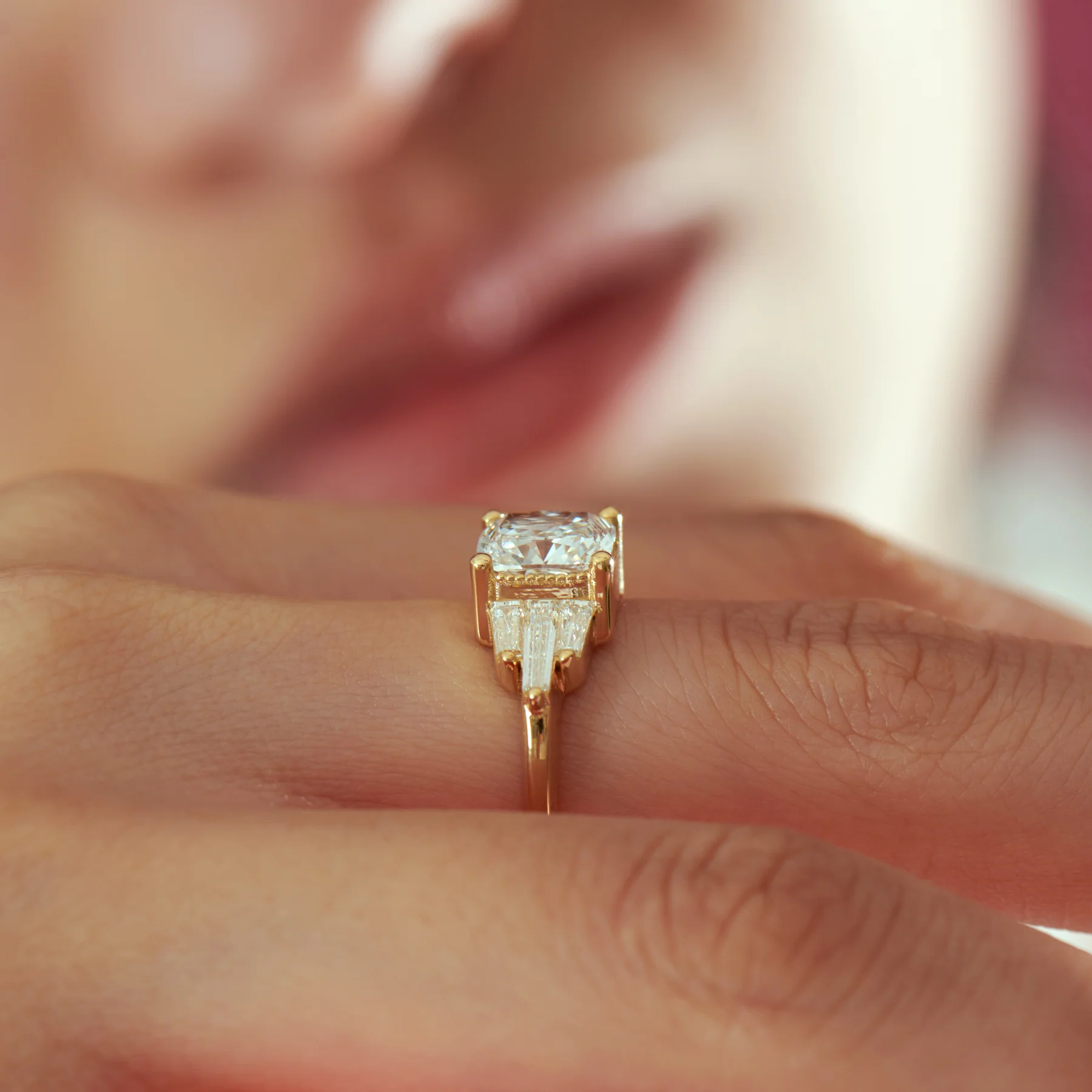 Lab Grown Cushion Diamond with Tapered Baguette Wings Engagement Ring - Image 3