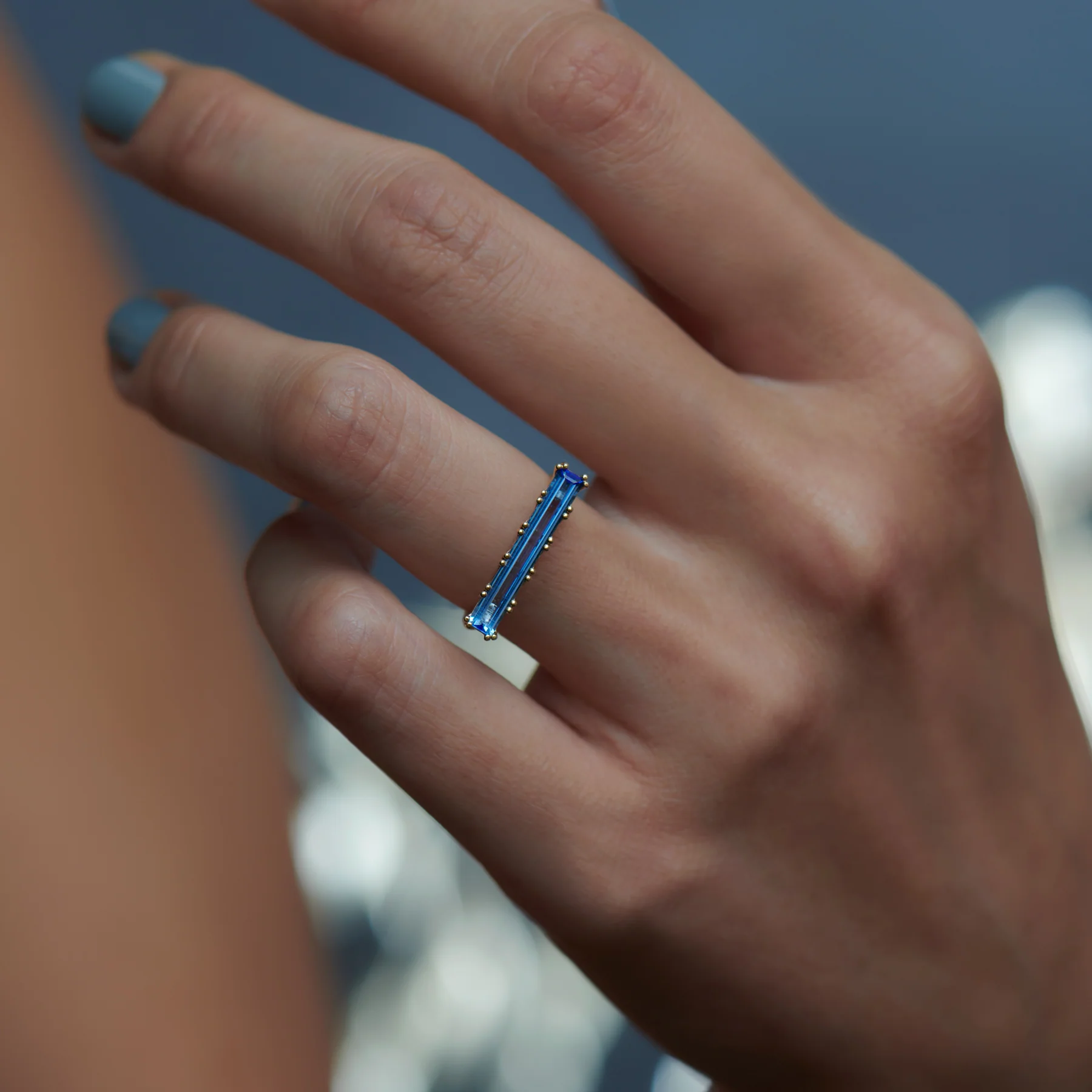 Lab Grown Sapphire Long Baguette Statement Ring - Image 2