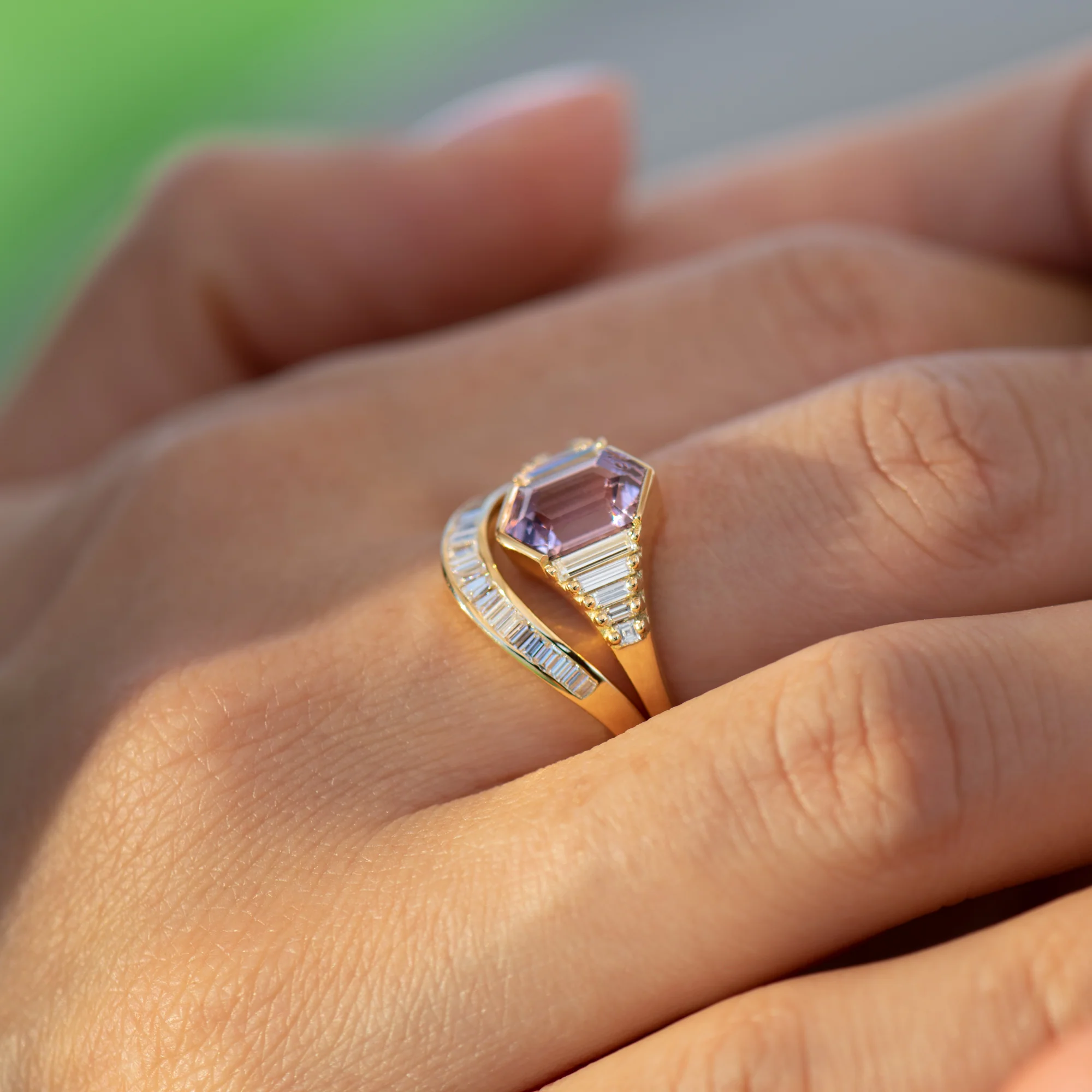 Lilac Engagement Ring with an Elongated Hexagon Spinel and Baguette Diamonds - Image 6