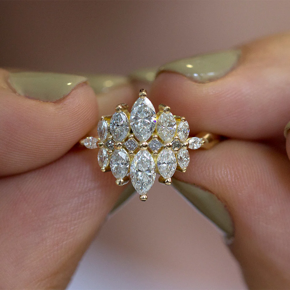 Marquise Diamond Cluster Engagement Ring with Grey Diamonds - Image 4