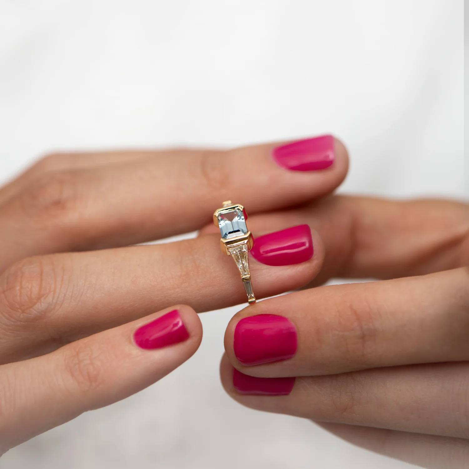Mod Teal Sapphire and Tapered Baguette diamond Engagement Ring - OOAK - Image 4