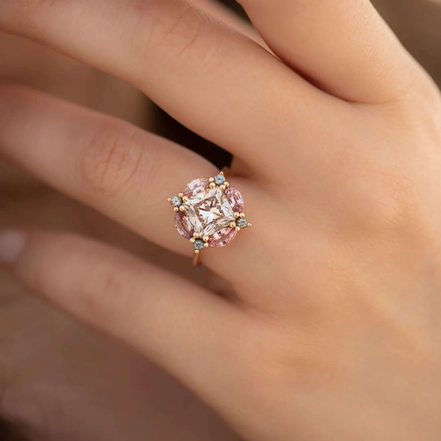 Mosaic Engagement Ring with Cushion Cut Diamond and Sapphires - Image 7