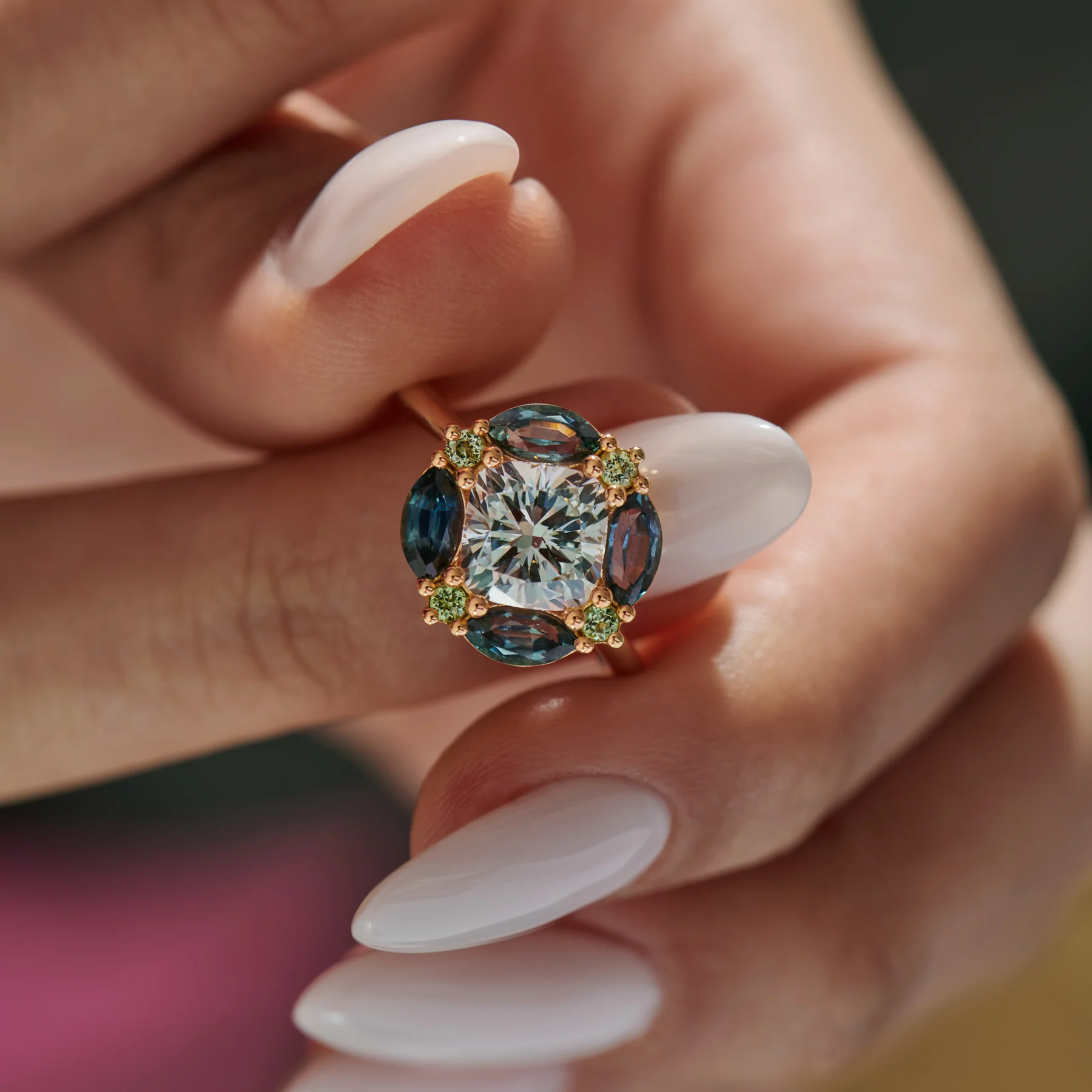 Mosaic Lab Grown Cushion Cut Diamond Sapphire & Garnet Engagement Ring - Image 5