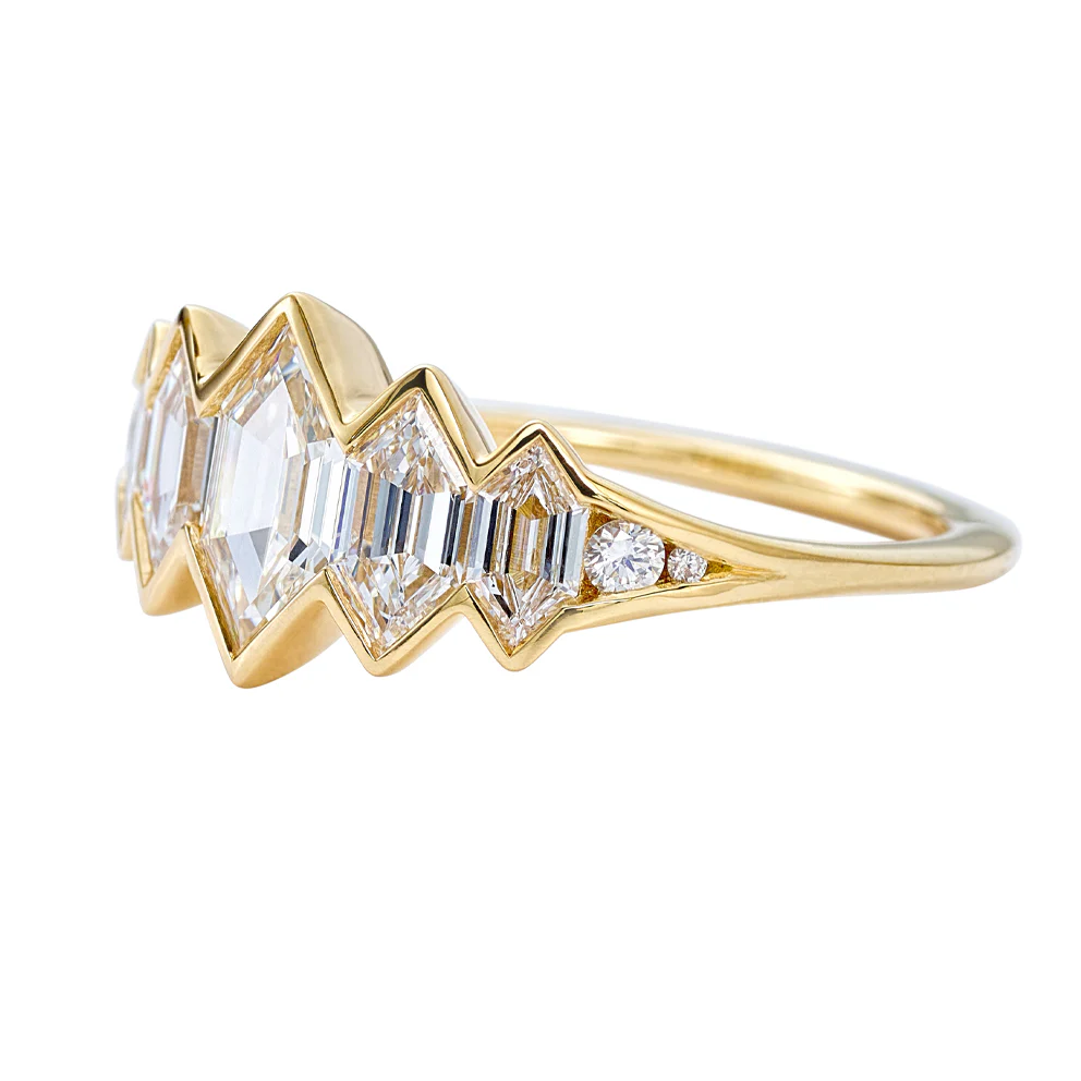 Mountain Lake Engagement Ring with Hexagon Cut Diamonds and a Golden Bezel - Image 2