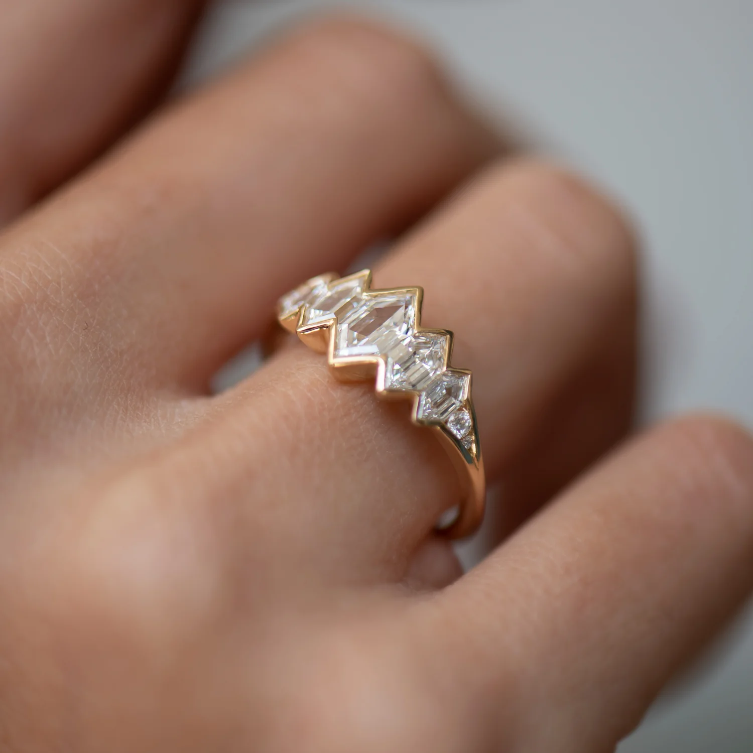 Mountain Lake Engagement Ring with Hexagon Cut Diamonds and a Golden Bezel - Image 4